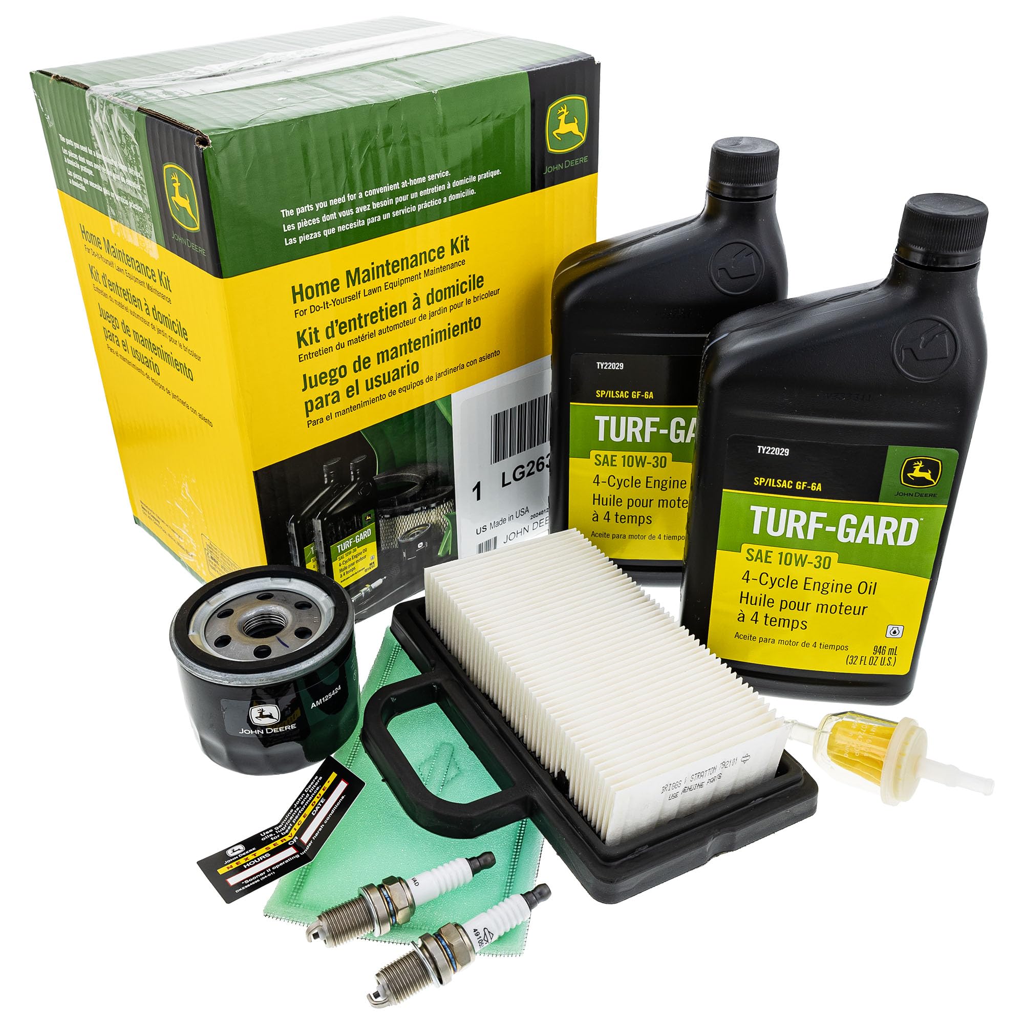 John Deere LG263 maintenance kit packaging for easy at-home service and quick lawn care readiness.