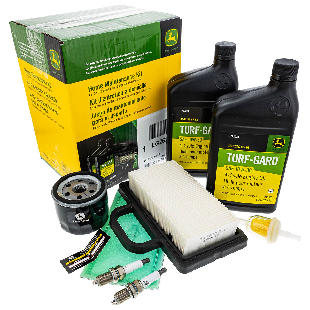 John Deere LG263 maintenance kit packaging for easy at-home service and quick lawn care readiness.