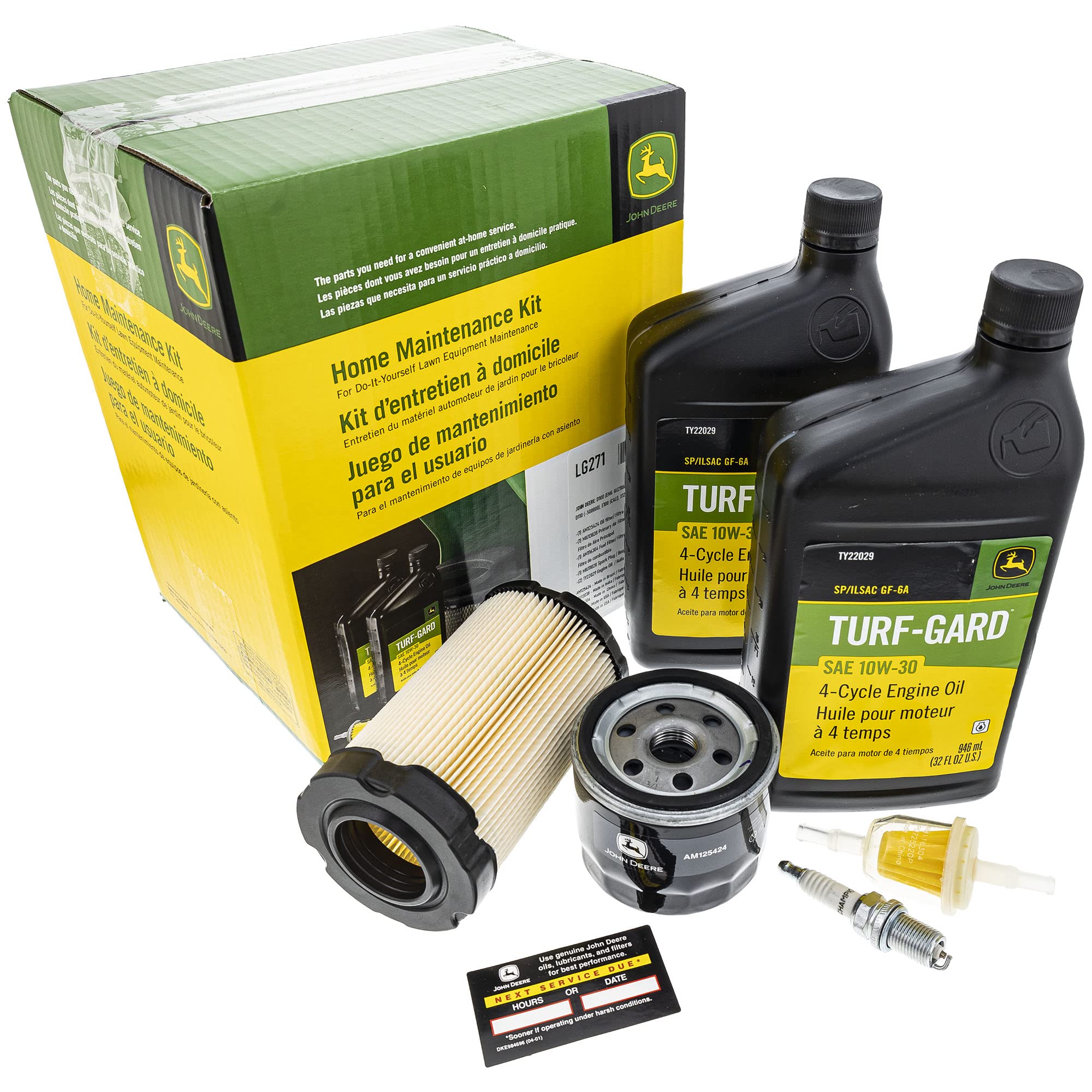 John Deere LG271 packaging shows the OEM filter kit for at-home maintenance.