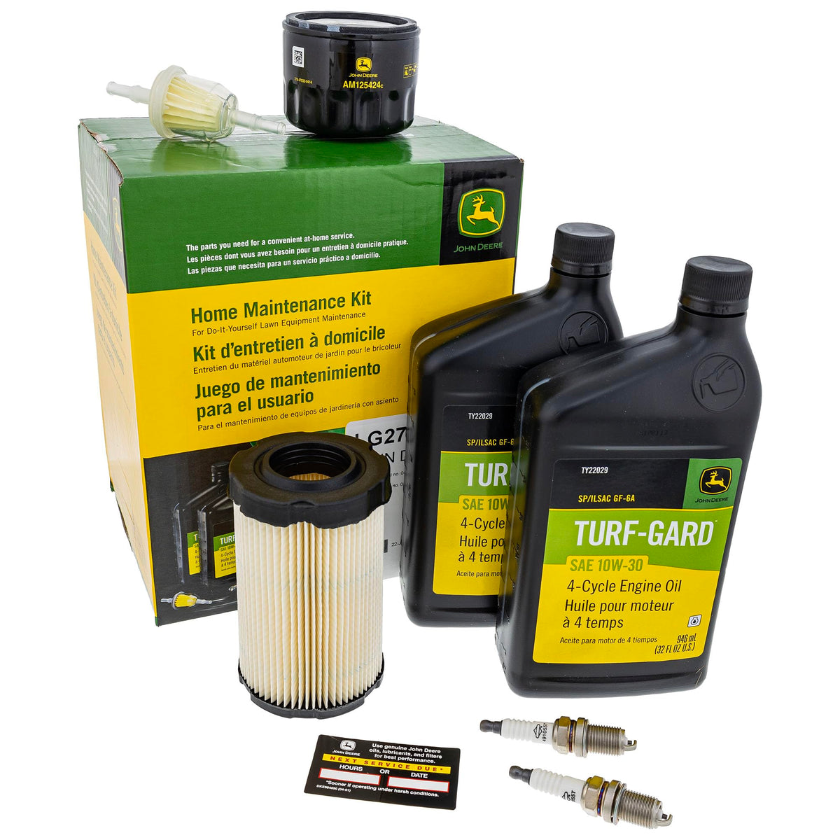 John Deere LG275 maintenance kit packaging ready for at-home mower service