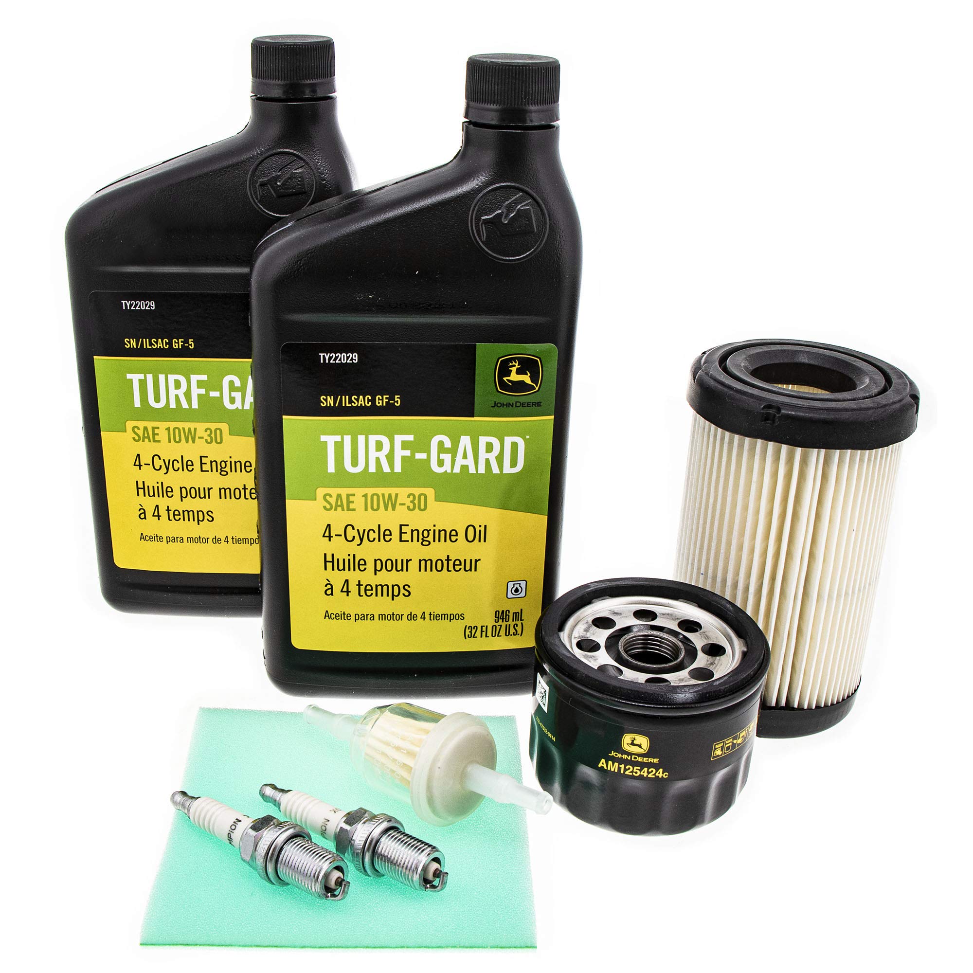 John Deere LG277 maintenance kit contents laid out for easy mower care.