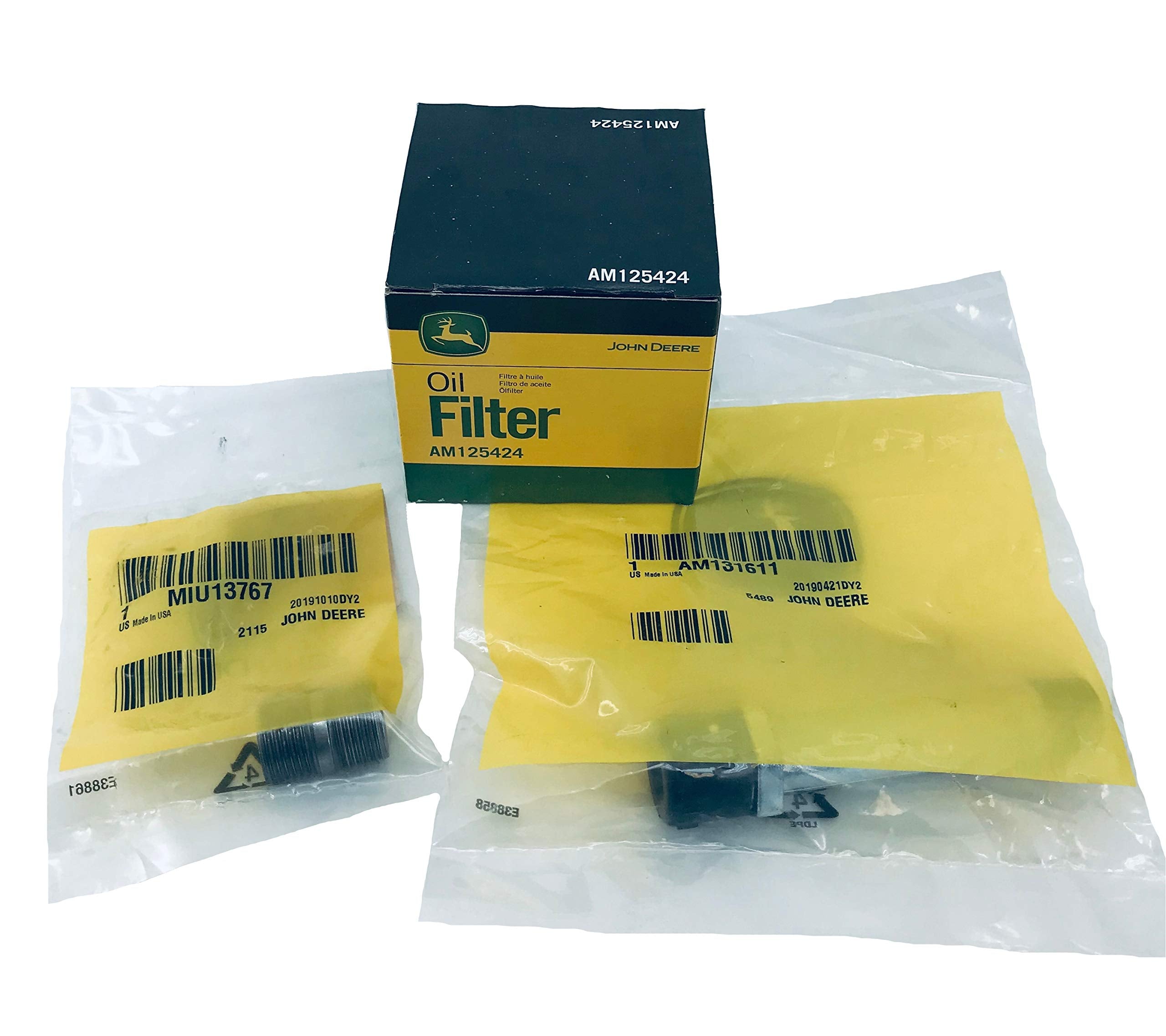 John Deere AM125424 oil filter shown to support easier oil changes and cleaner service.