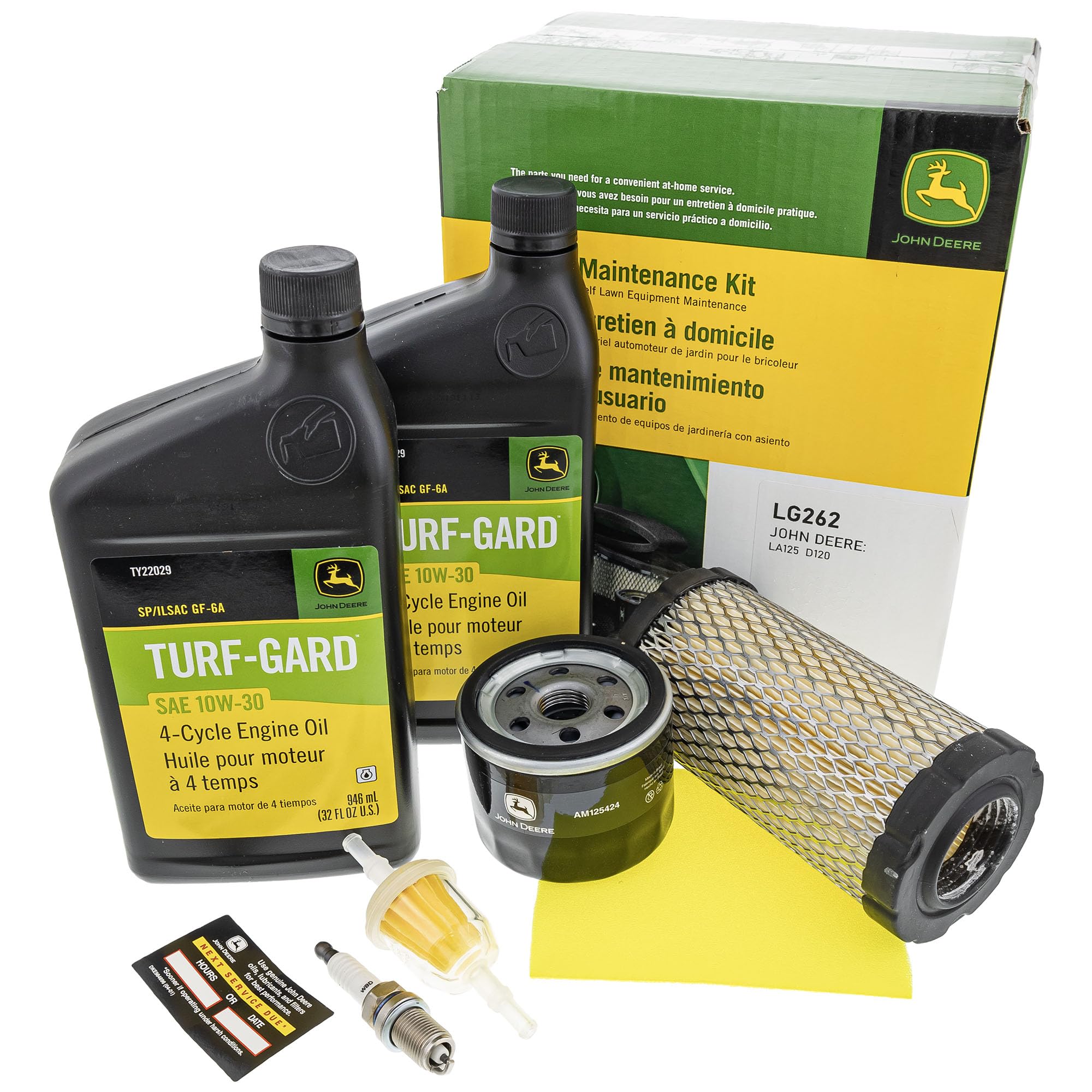 John Deere LG262 original equipment filter kit packaging for DIY lawn mower maintenance
