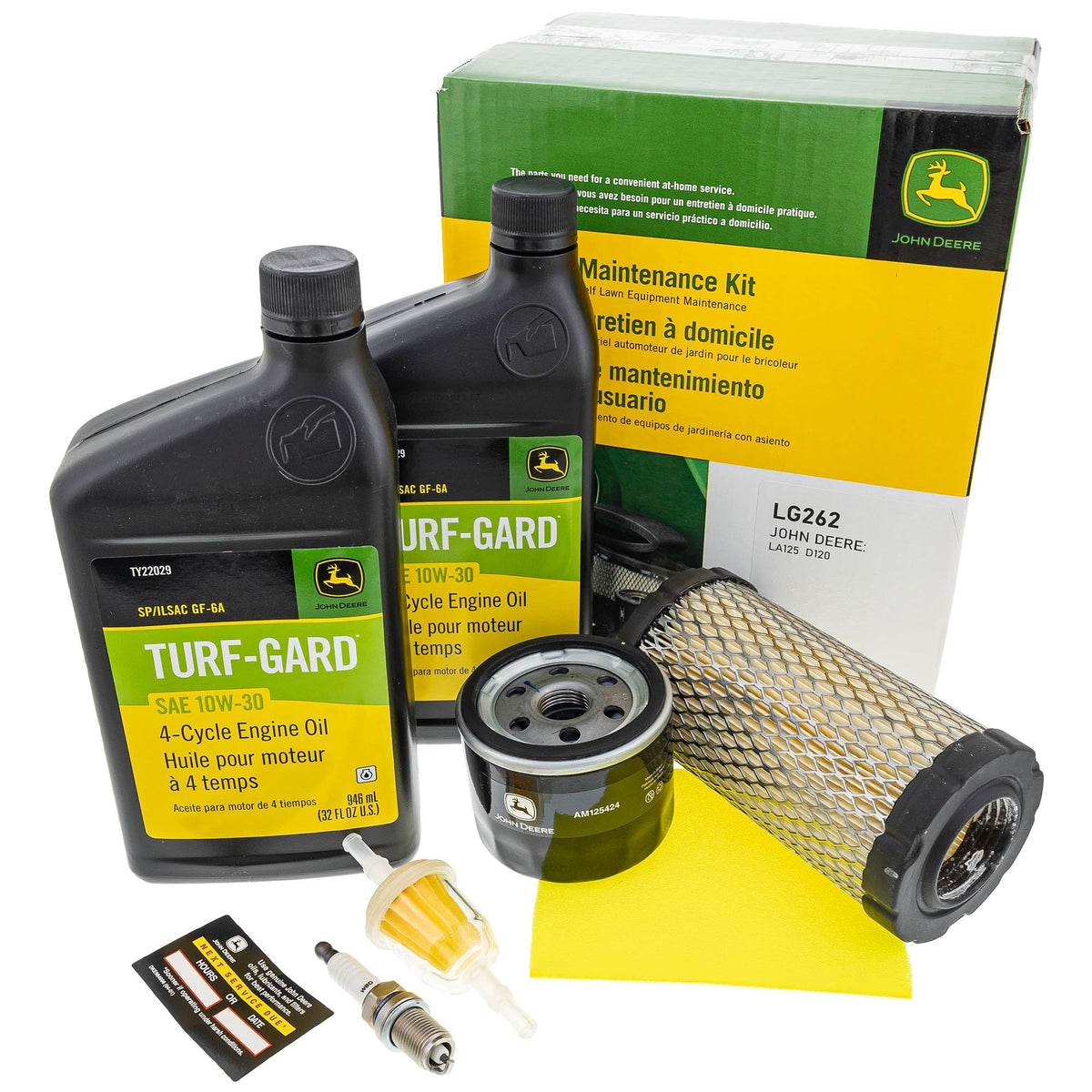 John Deere LG262 original equipment filter kit packaging for DIY lawn mower maintenance