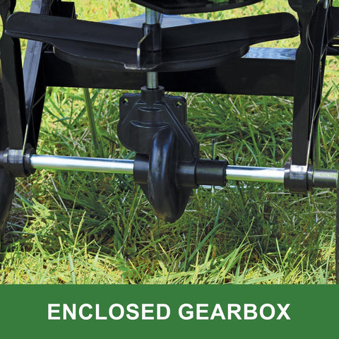 John Deere spreader enclosed gearbox protects gears from debris during spreading.