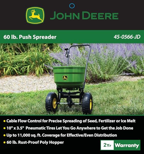 John Deere spreader handle ready for comfortable push across lawns.