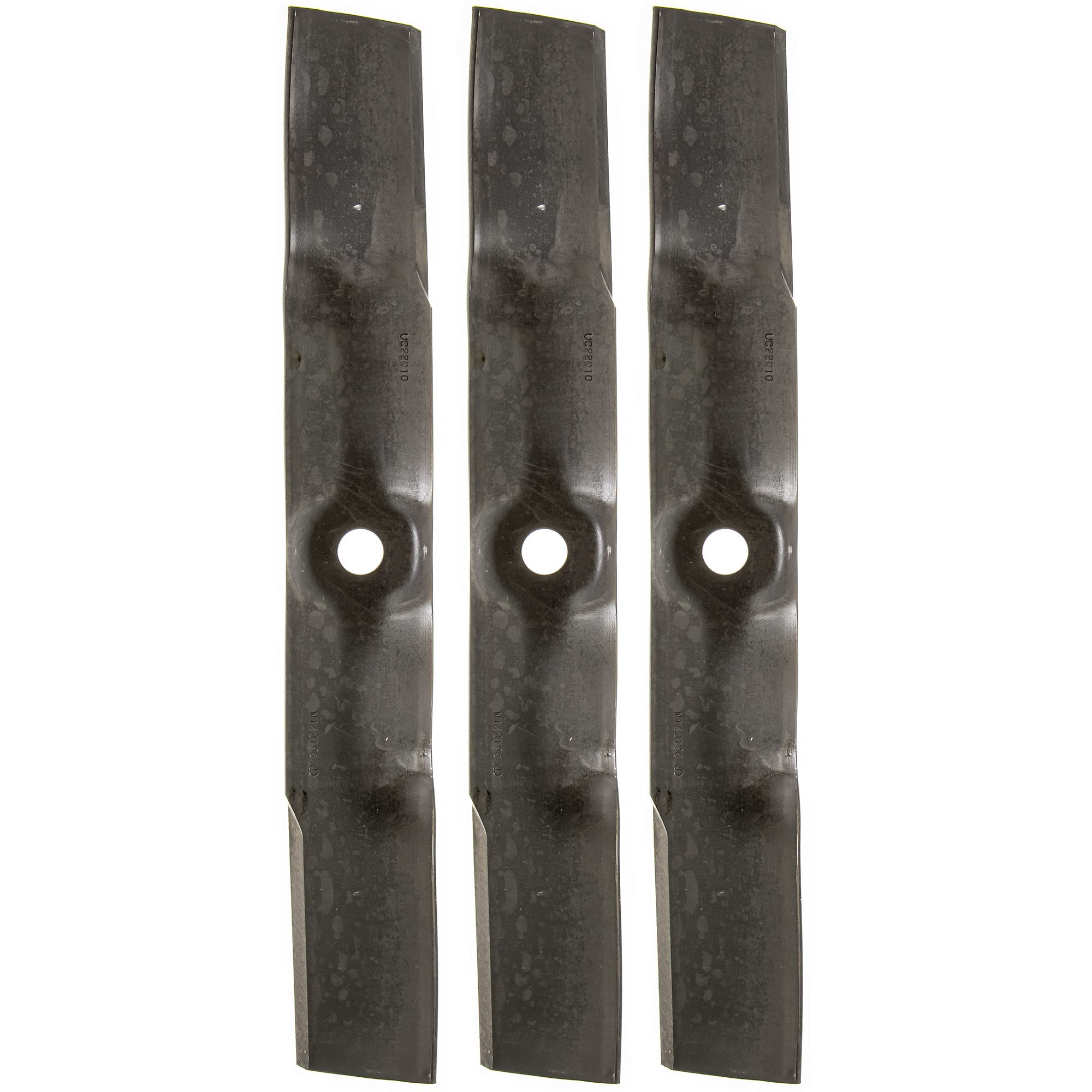 John Deere UC22010 blades 3-pack front view, durable edge for clean cuts