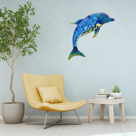 John's Studio Dolphin wall decor measures 17.5 by 12 inches.