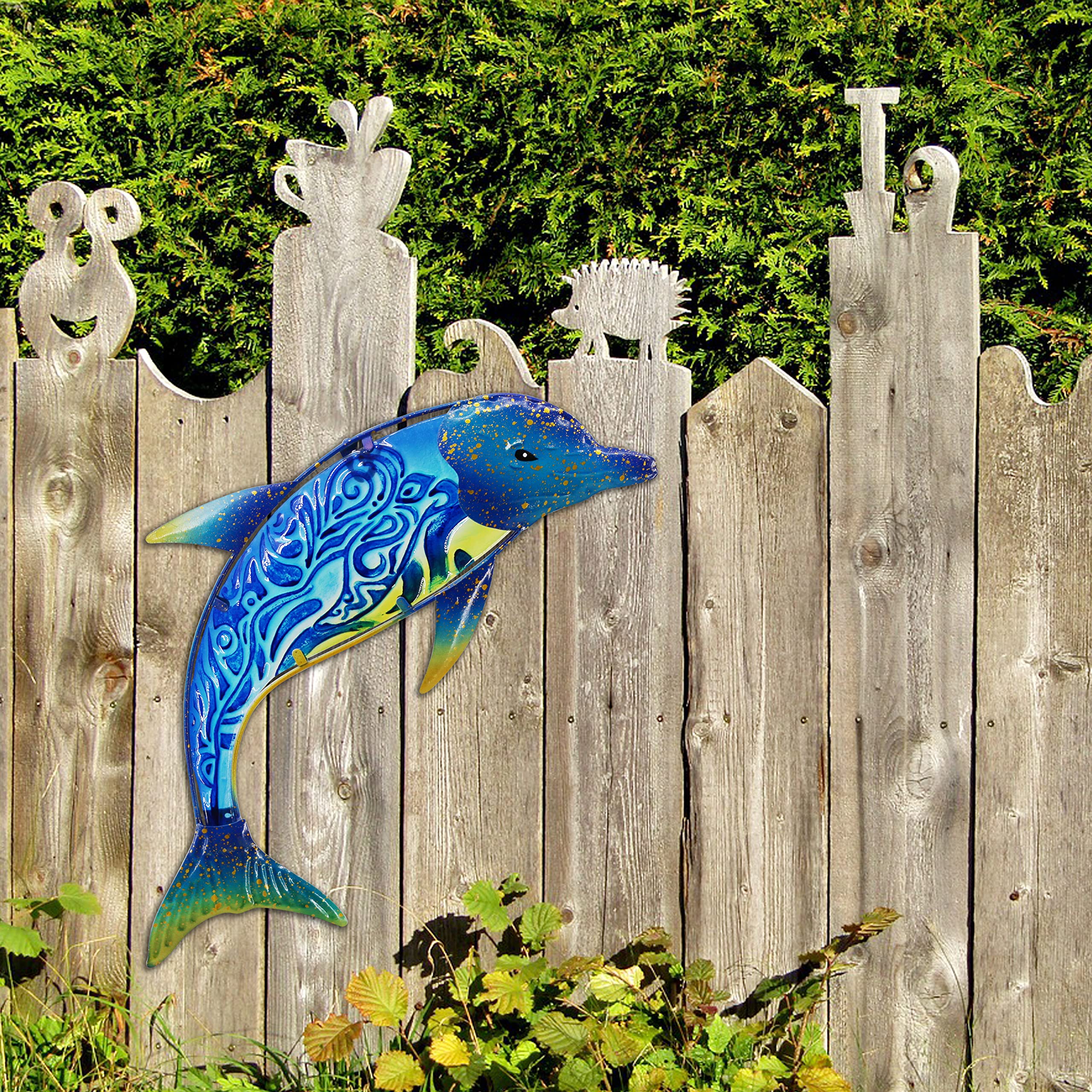 John's Studio Dolphin wall decor weather-friendly anti-rust coating lasts outdoors.
