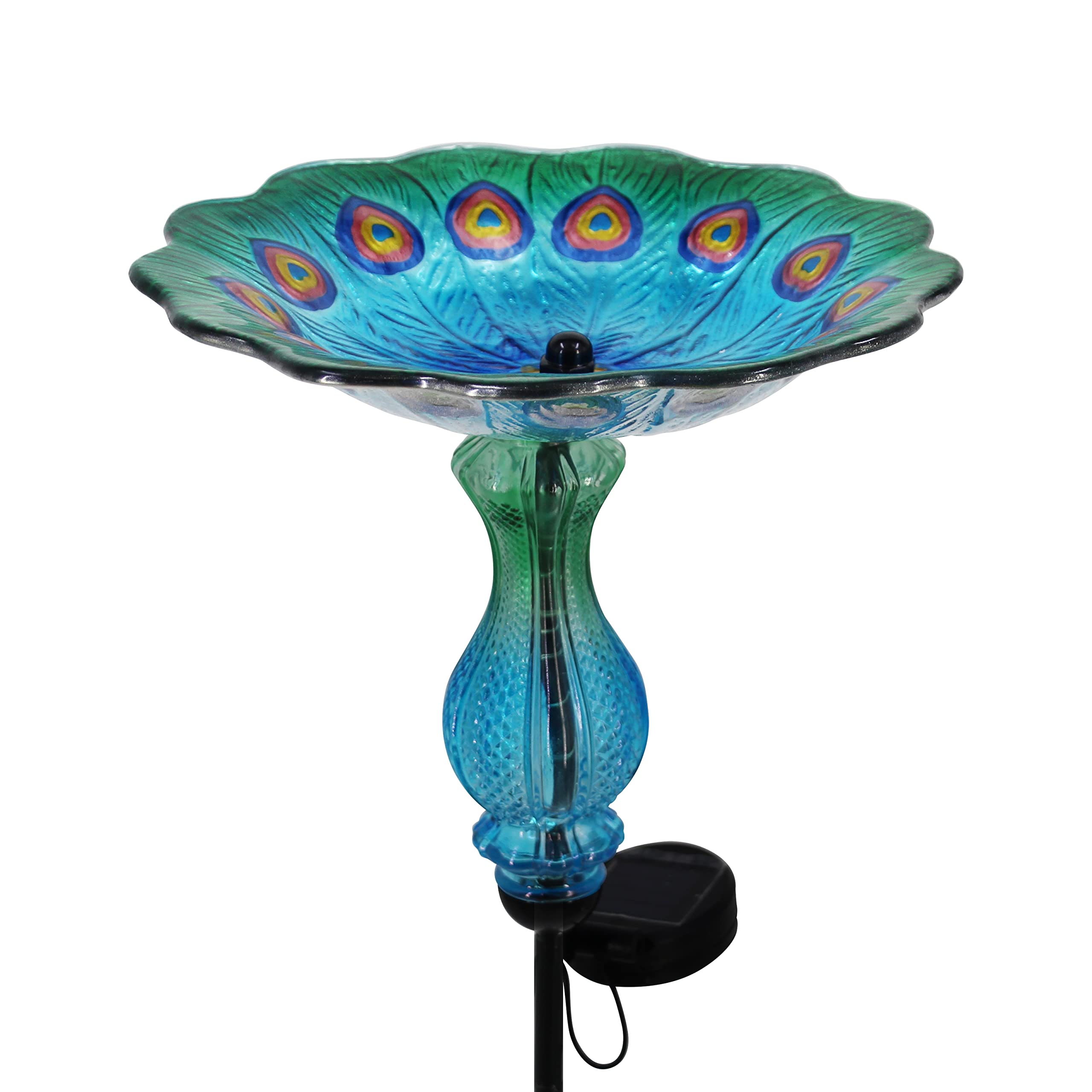 John's Studio Peacock Bird Bath glass bowl detail showcases handcrafted artistry and durability.