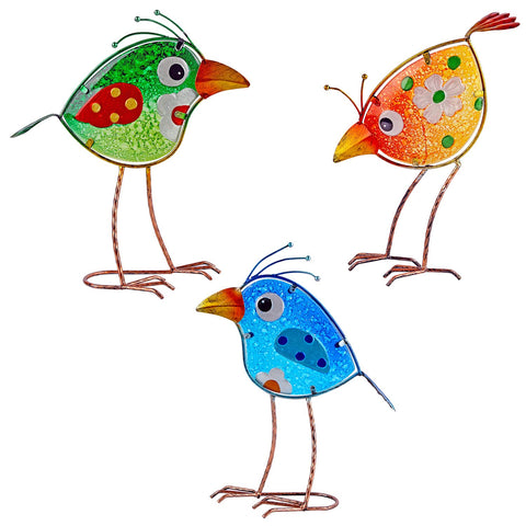 John's Studio three-bird blue-green-yellow glass yard art for porch display.