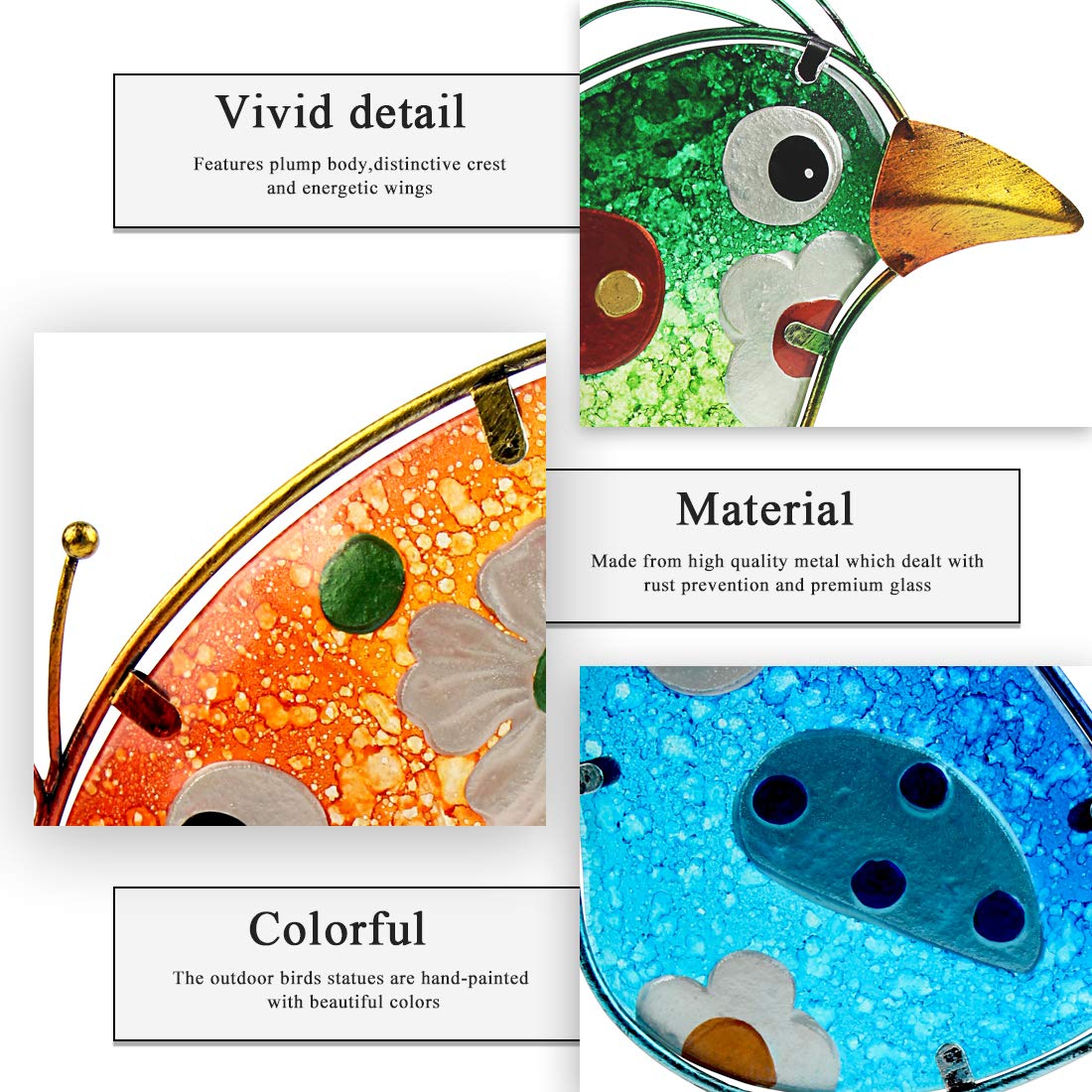 John's Studio three-bird glass yard art in blue, green, and yellow for porch display.