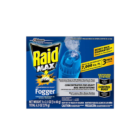 Johnson Hardware Raid Max Fogger packaging illustrating compact indoor pest solution