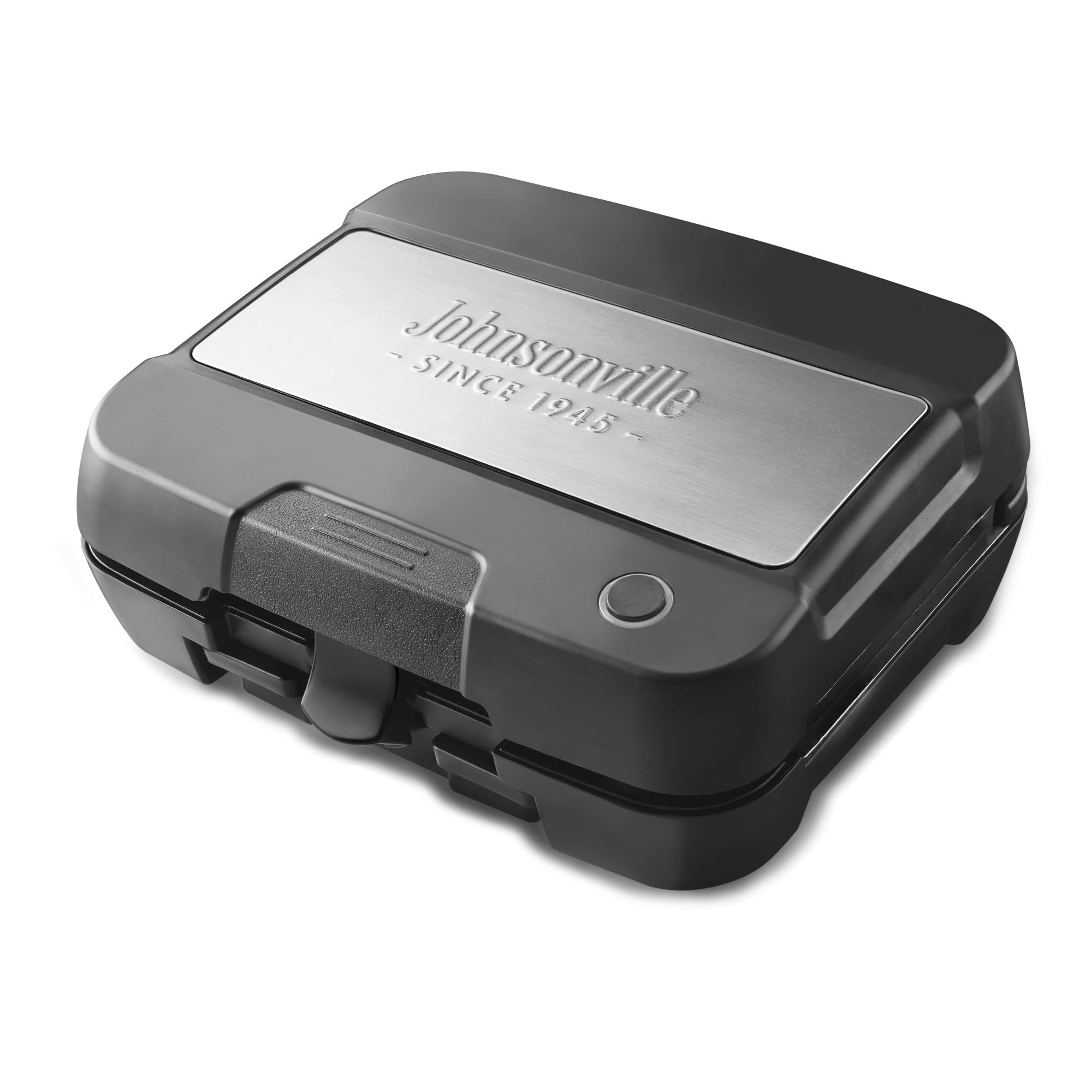 Johnsonville Sizzling Sausage Grill Plus front-angle shows compact 3-in-1 design for easy weeknight meals.