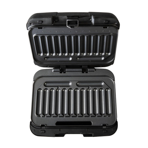 Johnsonville Sizzling Sausage Grill Plus with lid open ready for quick sausage prep.