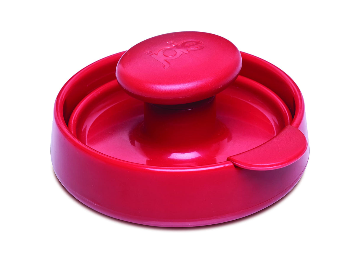 Joie burger press in compact red design, easy storage and quick prep.