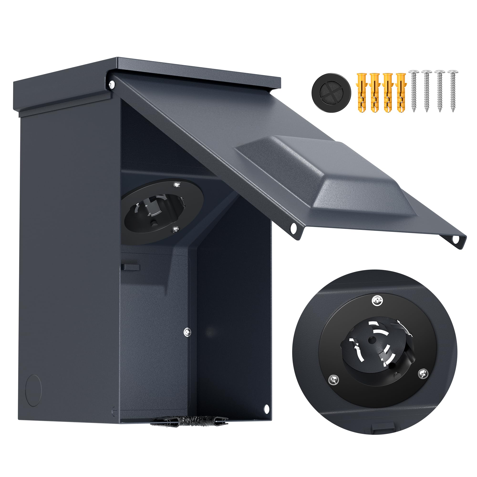 Joinfworld 50-Amp generator inlet box in outdoor setting showing rugged, weatherproof housing for dependable power