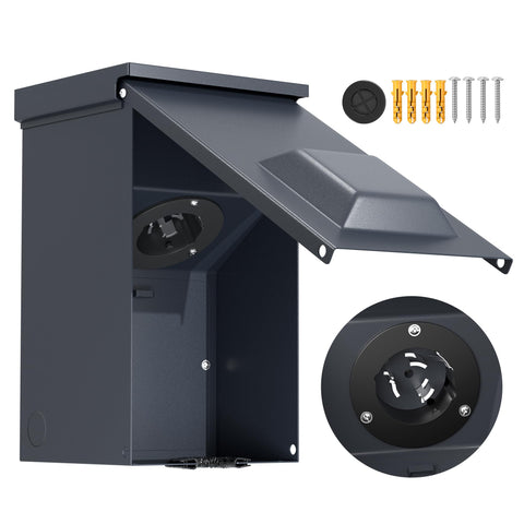 Joinfworld 50-Amp generator inlet box in outdoor setting showing rugged, weatherproof housing for dependable power