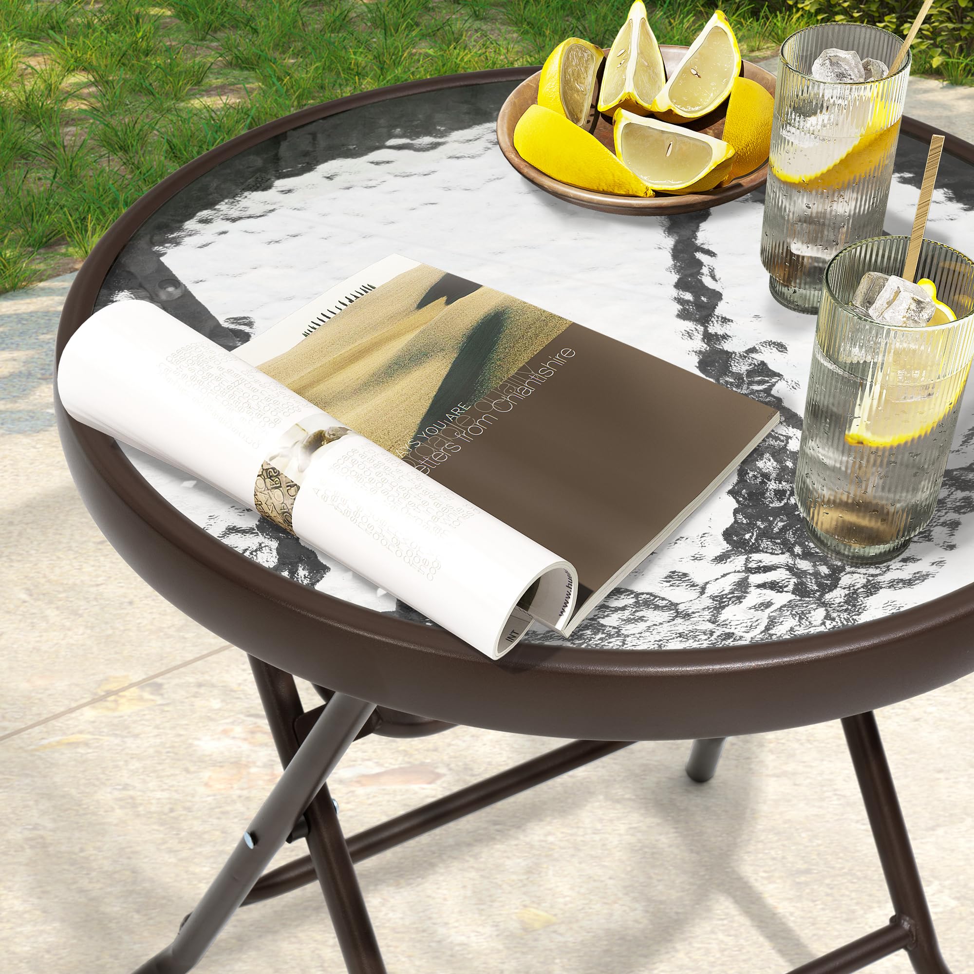 JOINHOM minimalist brown patio table adds elegant, modern style.