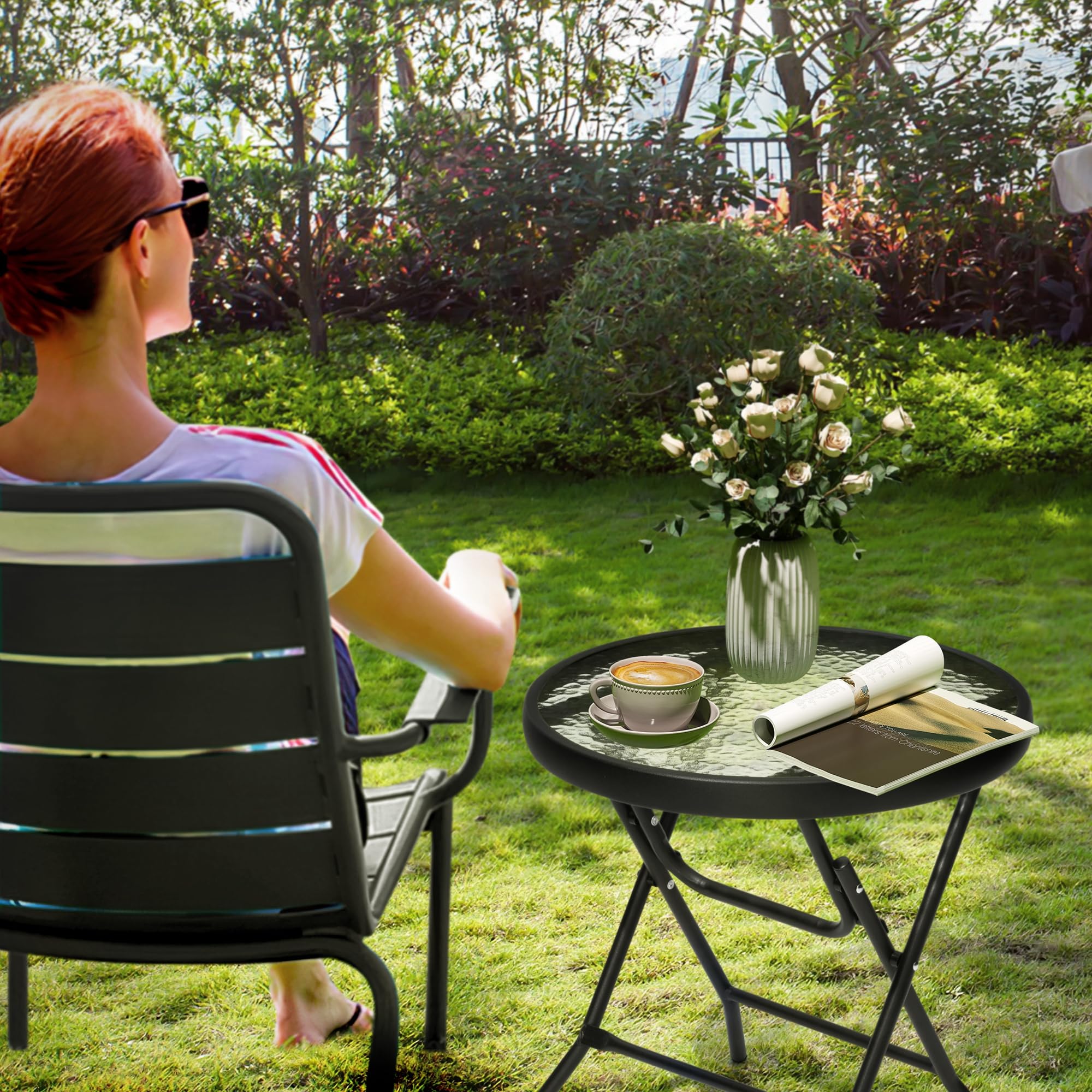 JOINHOM Outdoor Side Table with glass top provides a sturdy surface for drinks.