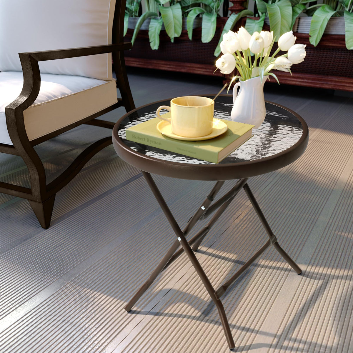 JOINHOM outdoor side table with round glass top for compact balcony spaces.