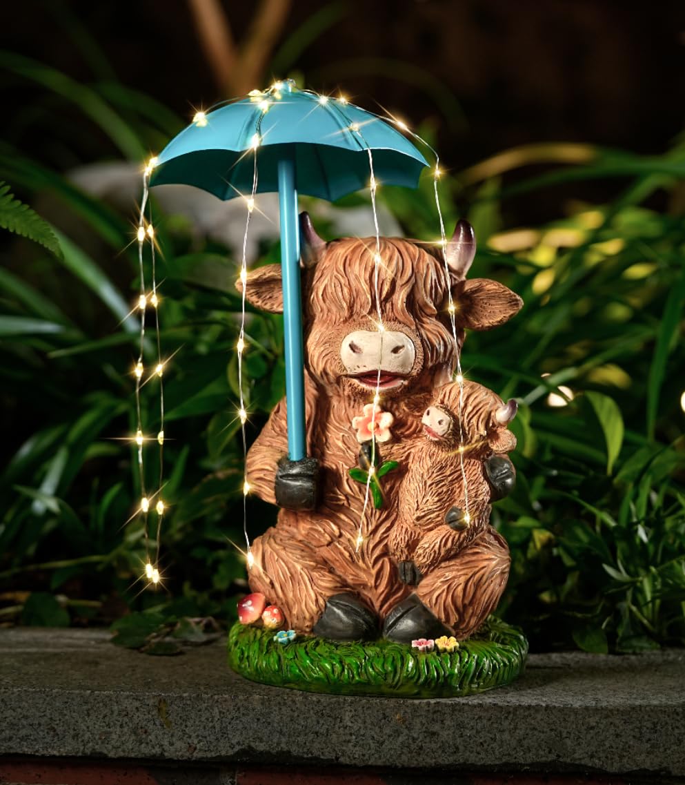Joint Honglin Highland cow umbrella light statue for cozy evenings in the garden