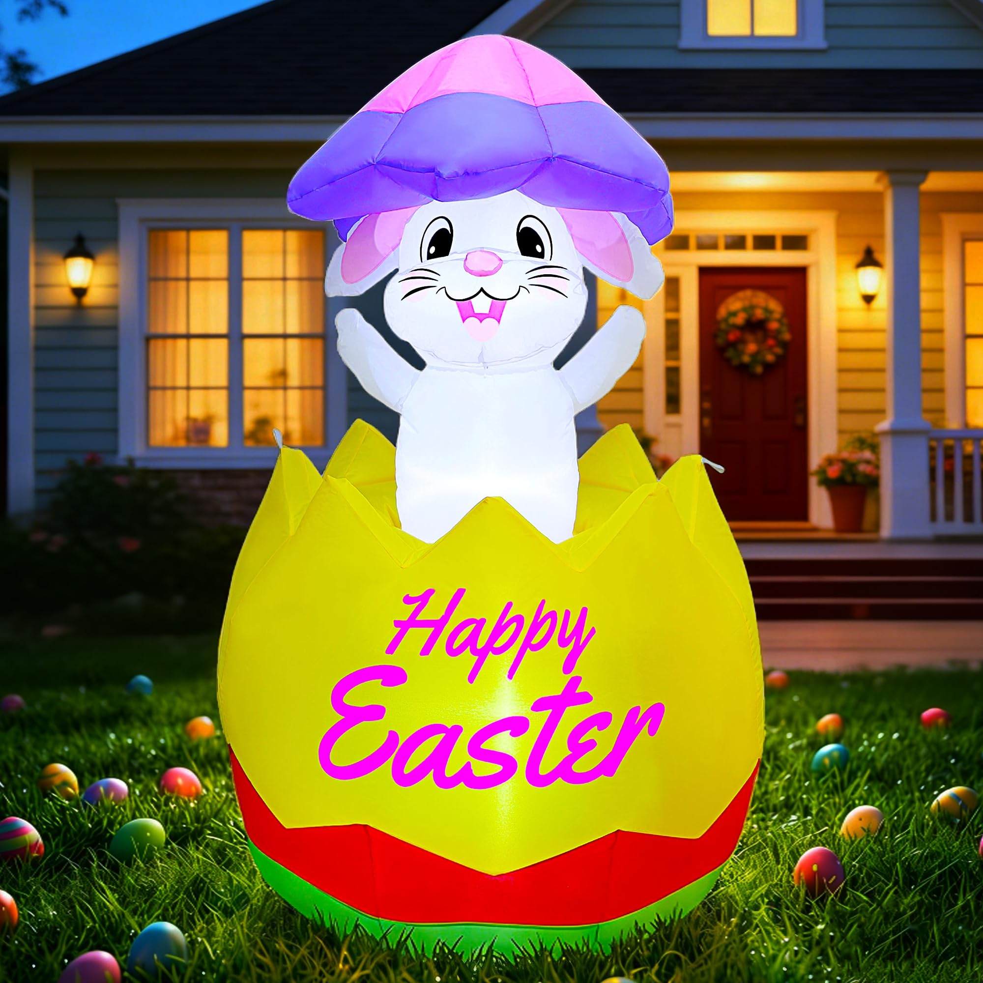Joliyoou 5ft Easter inflatable bunny inside a giant egg for outdoor display.
