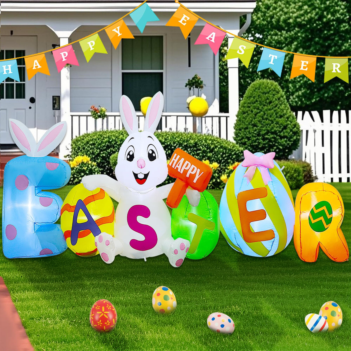 Joliyoou 8ft Easter inflatable bunny lights up the yard for festive curb appeal.