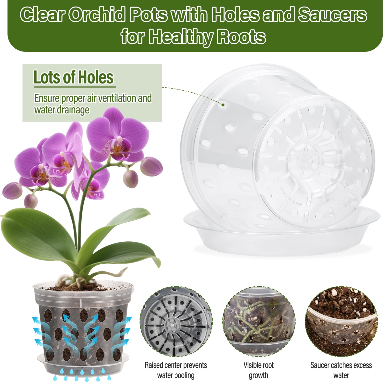 Jollidecor orchid pots 5-6 inch size for balanced growth