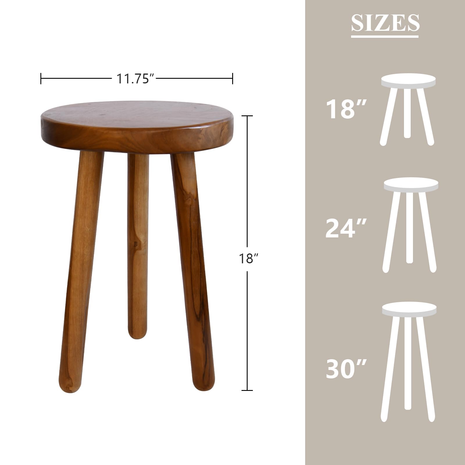 JOLLYMER teak round plant stand side view with sturdy legs and smooth finish