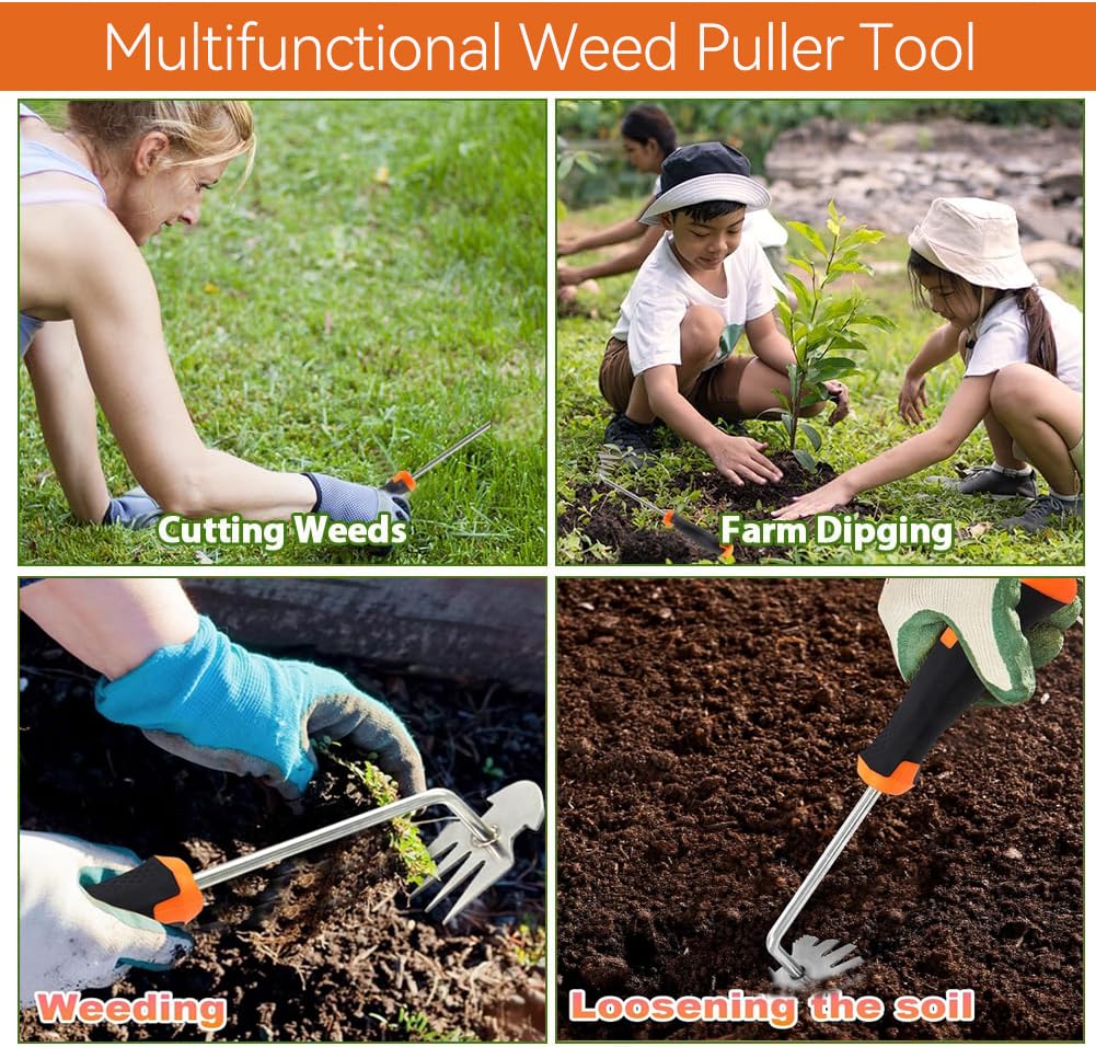 Garden scene showing JOMISLI weed puller in use for easier weed removal