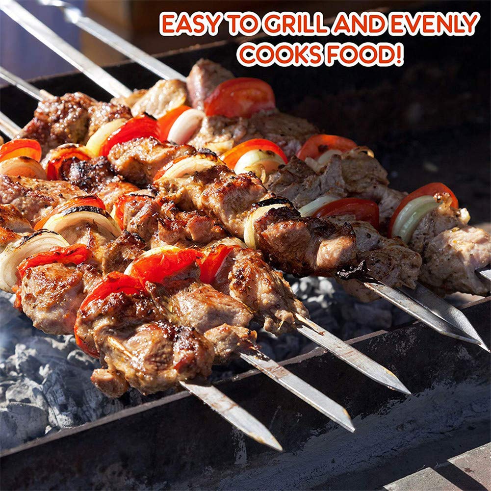 JOMVERL stainless steel skewers with hook handles for safe, comfortable flipping.