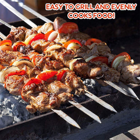JOMVERL stainless steel skewers with hook handles for safe, comfortable flipping.