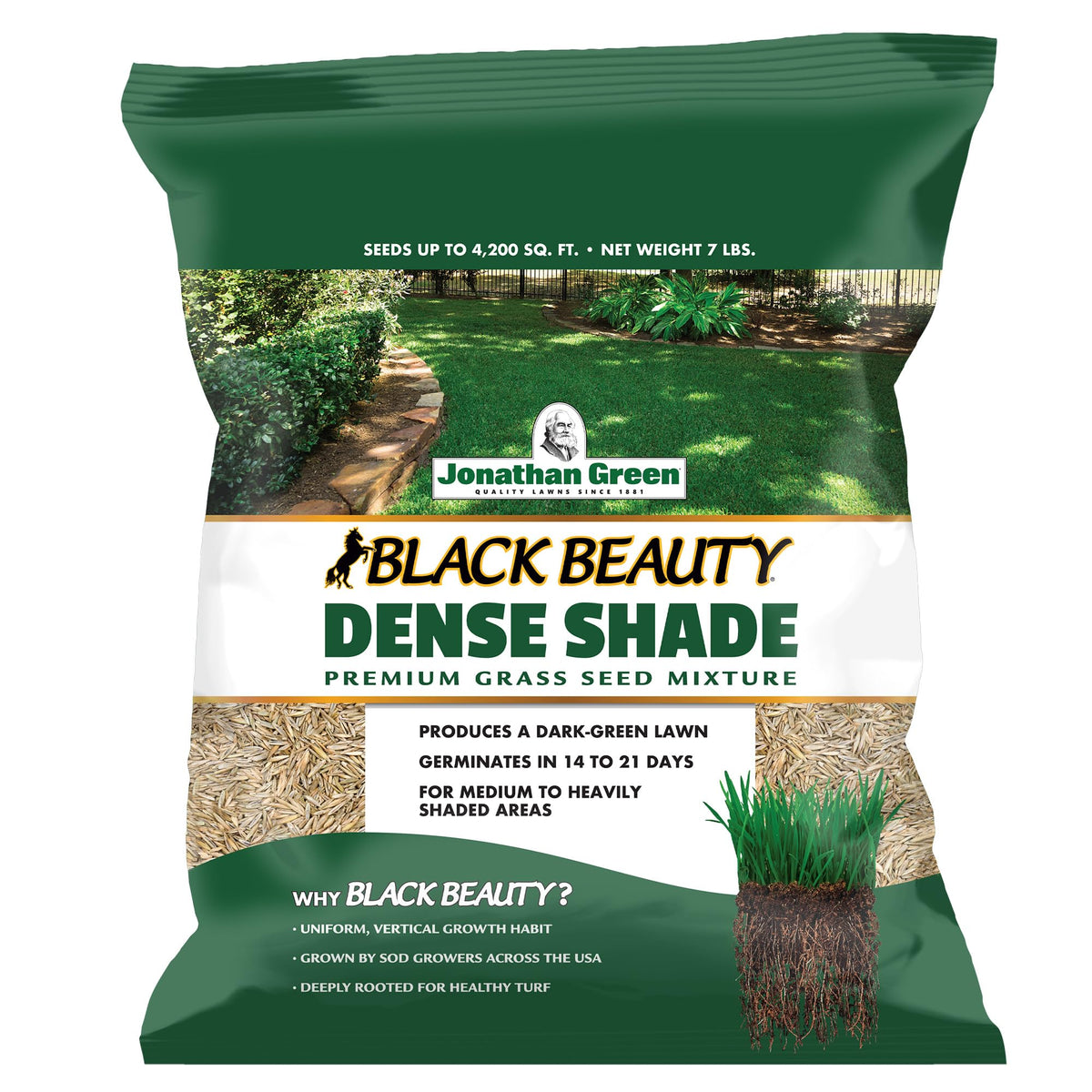 Jonathan Green Black Beauty Dense Shade seed bag front view for shade-tolerant lawns.
