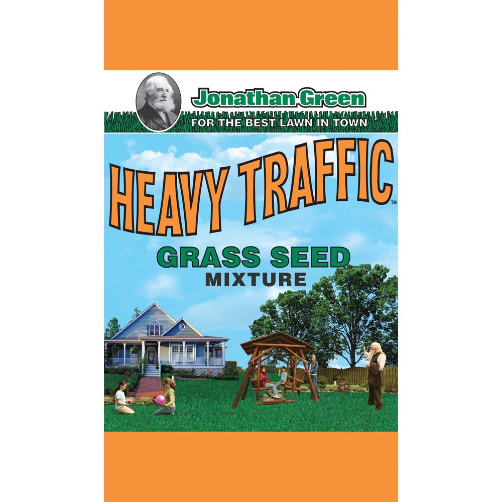 Jonathan Green Black Beauty Heavy Traffic seed bag showcases durable turf for high-traffic lawns