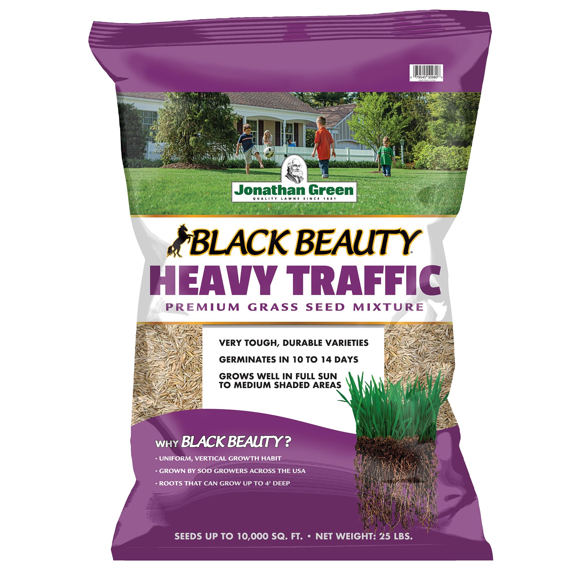Jonathan Green Black Beauty Heavy Traffic seed bag front view for durable, high-traffic lawns
