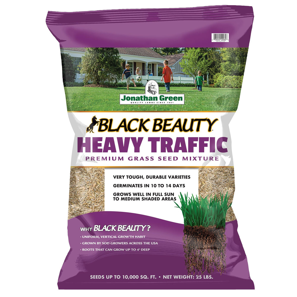 Jonathan Green Black Beauty Heavy Traffic seed bag front view for durable, high-traffic lawns