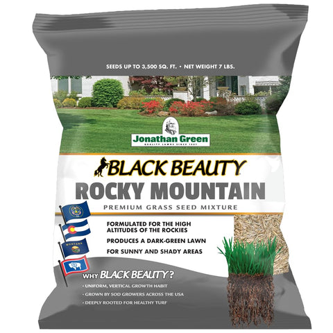 Jonathan Green Black Beauty Rocky Mountain seed bag shows premium lawn blend for Colorado climates.