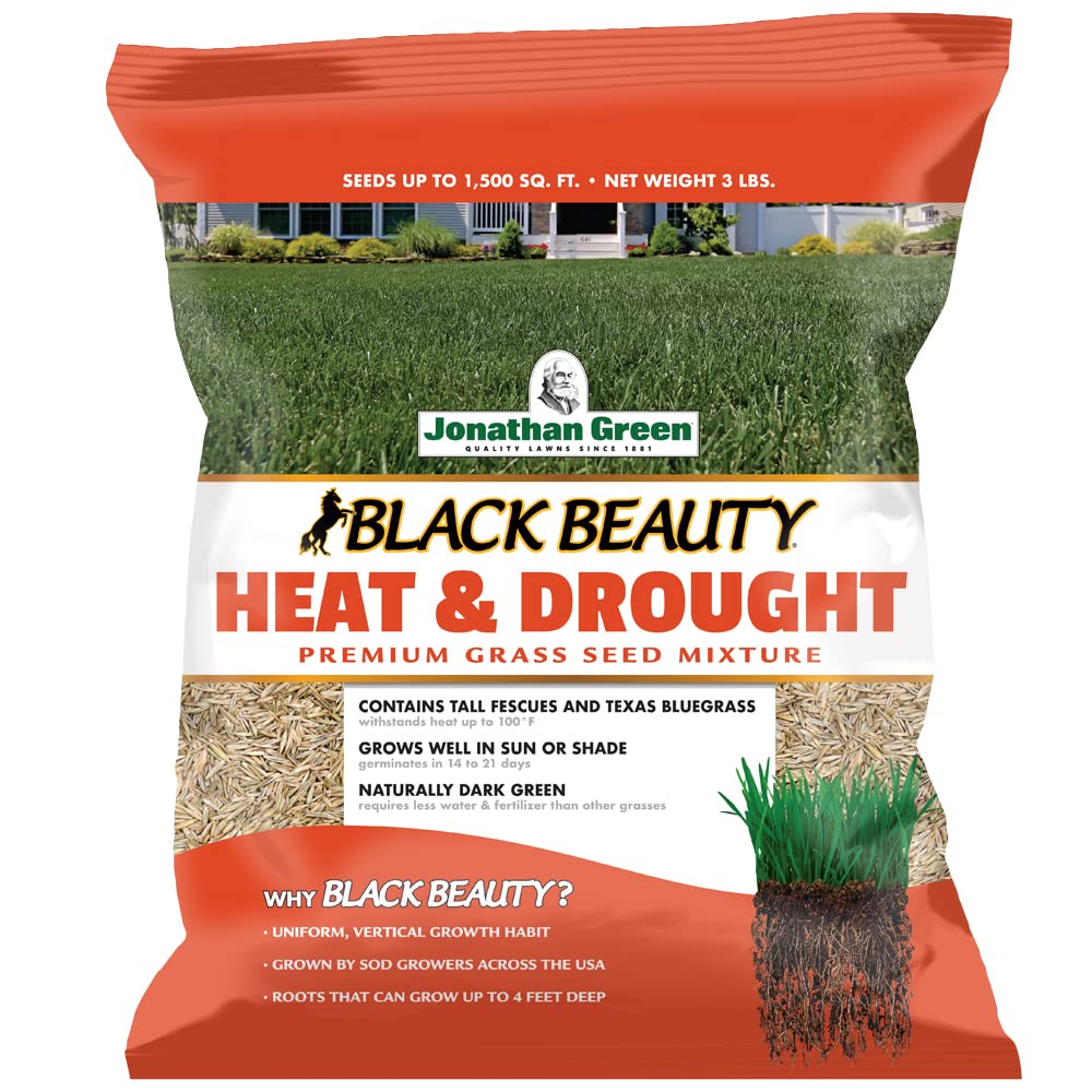 Jonathan Green Black Beauty seed bag showcasing heat- and drought-tolerant lawn mix.