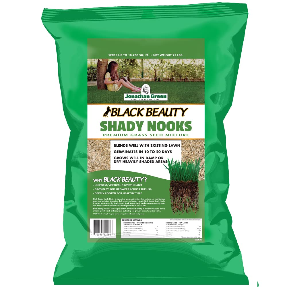 Jonathan Green Black Beauty Shady Nooks seed bag front showing shade tolerance for deep shade lawns.