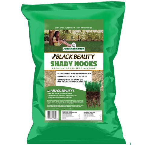 Jonathan Green Black Beauty Shady Nooks seed bag front showing shade tolerance for deep shade lawns.