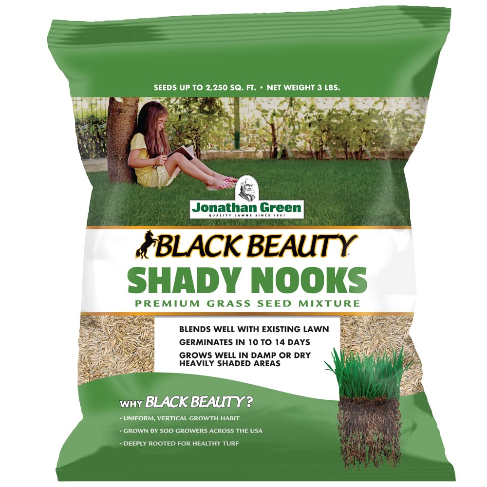 Jonathan Green Black Beauty Shady Nooks seed bag demonstrates shade-tolerant mix for deep shade lawns.
