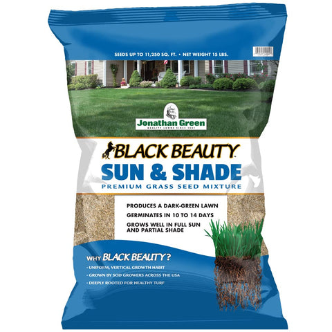 Jonathan Green Black Beauty Sun and Shade seed bag for versatile lawn planting.