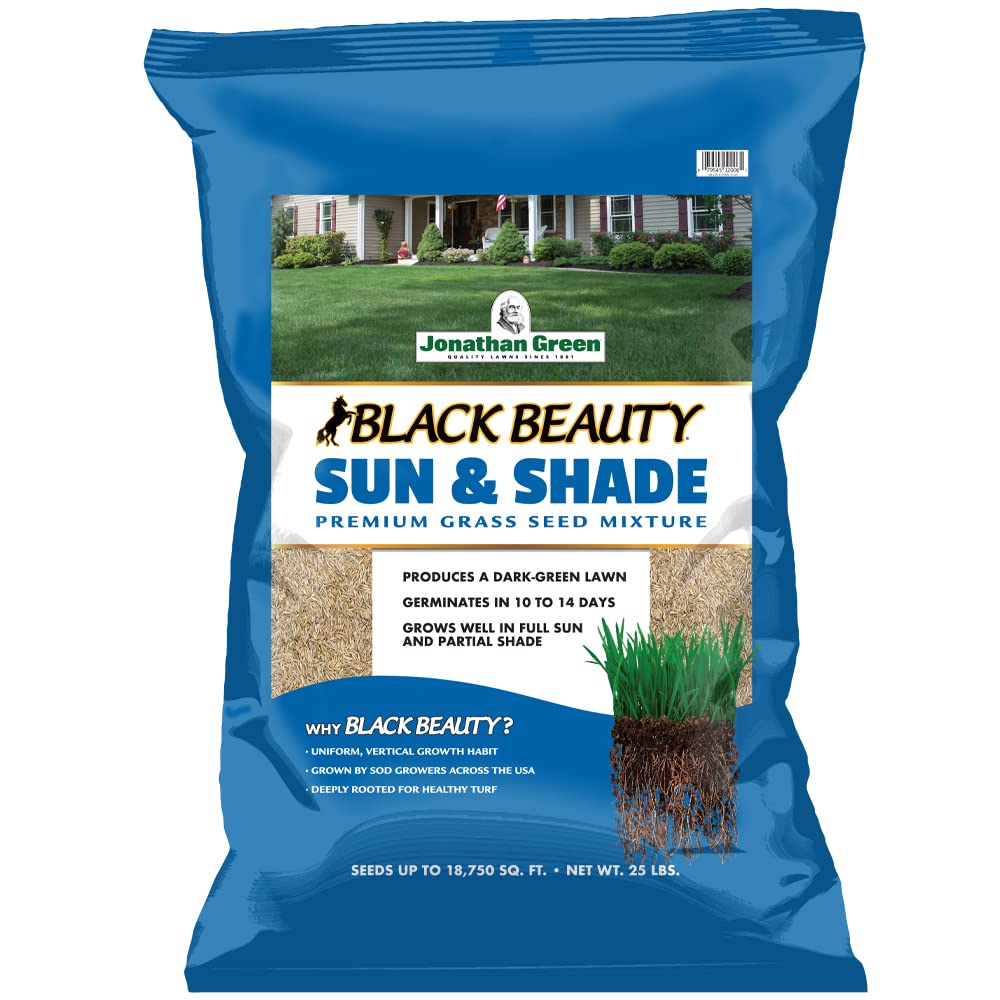 Jonathan Green Black Beauty Sun & Shade seed bag label signals a versatile sun/shade lawn mix