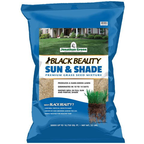 Jonathan Green Black Beauty Sun & Shade seed bag label signals a versatile sun/shade lawn mix