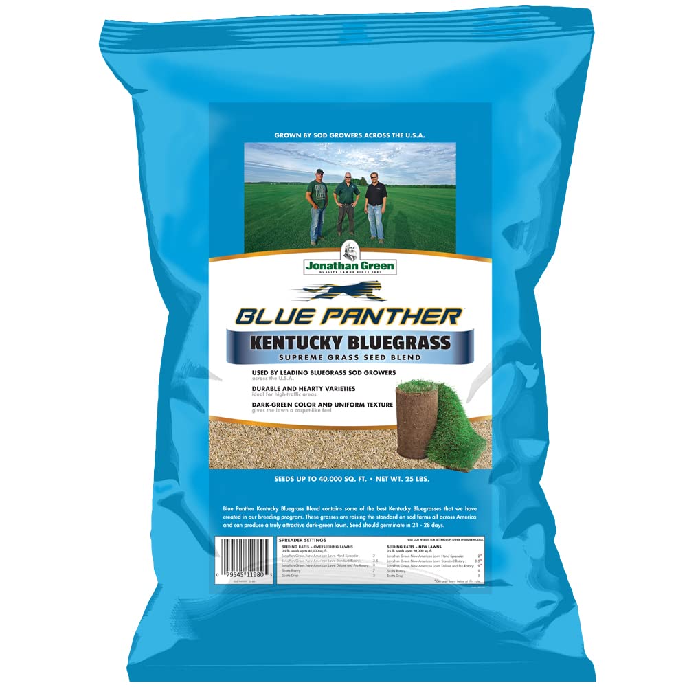 Jonathan Green Blue Panther seed bag front; premium Kentucky bluegrass for lush lawns.