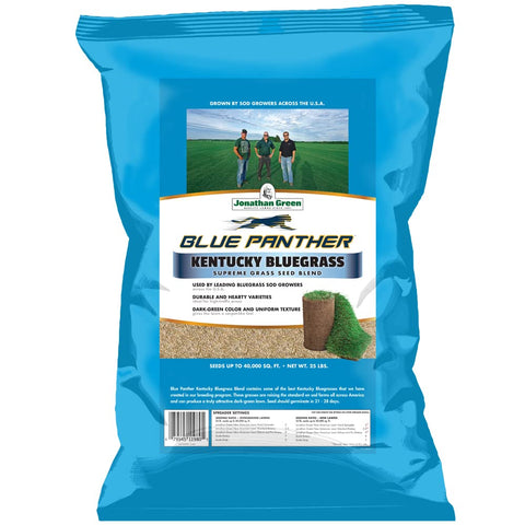 Jonathan Green Blue Panther seed bag front; premium Kentucky bluegrass for lush lawns.