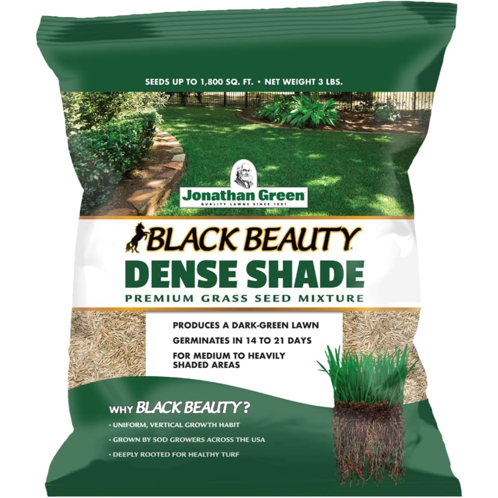 Jonathan Green Dense Shade Grass Seed bag for shaded lawns and dry soil tolerance.