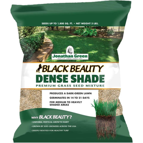 Jonathan Green Dense Shade Grass Seed bag for shaded lawns and dry soil tolerance.