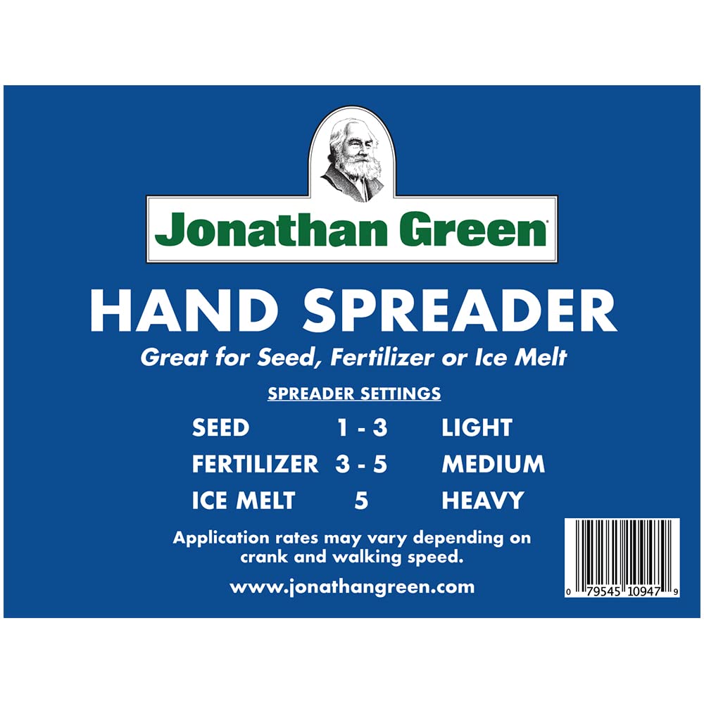Jonathan Green hand spreader showing wide 10 ft broadcast width for thorough coverage.